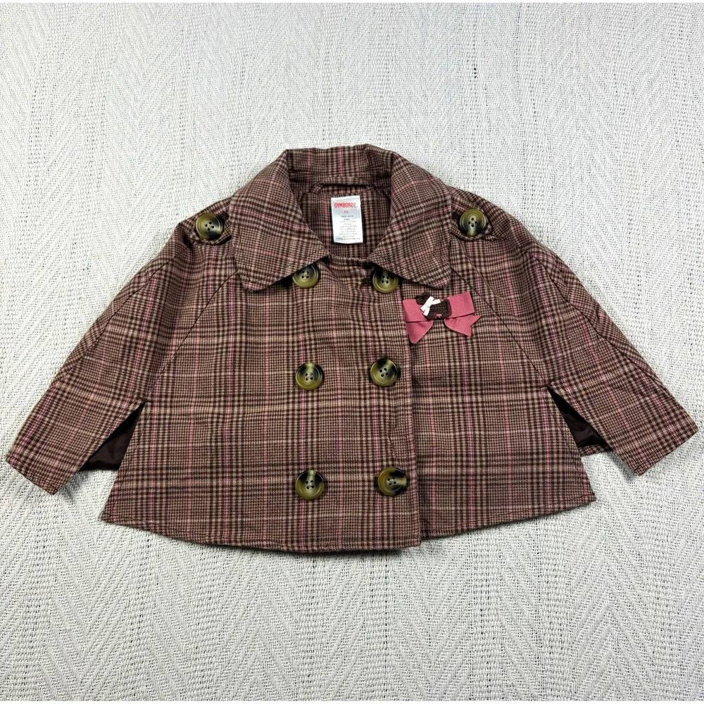 Gymboree Toddler Girls XS Plaid Cape Double-Breasted Button Front Brown Pink